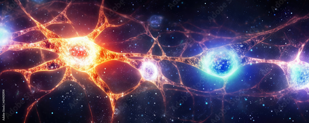 Radiant illustration of interconnected neurons forming a brain network, against a cosmic star field