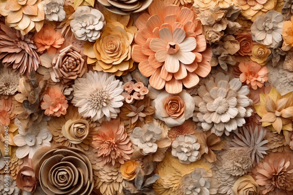 Boho wall texture, pastel earthy colors, brown flowers. AI generative