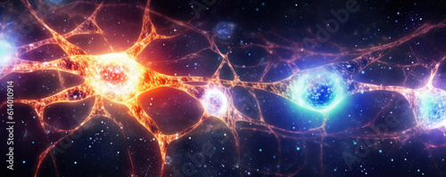 Radiant illustration of interconnected neurons forming a brain network  against a cosmic star field