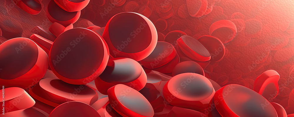 Wide-screen illustration of stylized red blood cells flowing through a vein