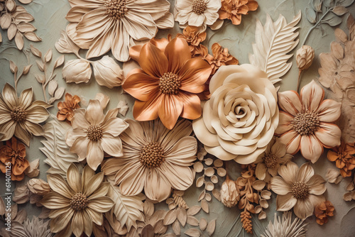 Boho wall texture, pastel earthy colors, brown flowers. AI generative © SANGHYUN