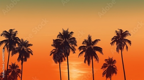 Orange gradient morning sky with tall palm trees silhouettes background Generative AI © MUCHIB