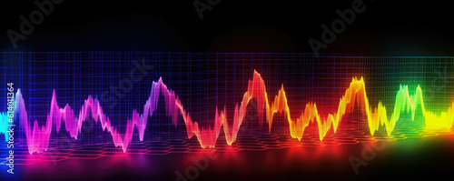 Panoramic perspective of a symbolic image of an ECG heart monitor wave in neon colors