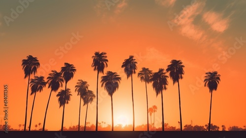 Orange gradient morning sky with tall palm trees silhouettes background Generative AI