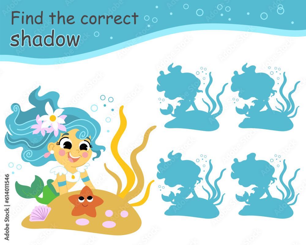 Naklejka premium Find the correct shadow mermaid with a starfish vector