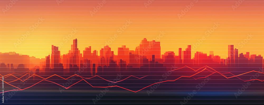 Stylized rendering of an EKG line graph in warm, sunset hues, panoramic format