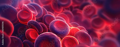 Wide aspect ratio of stylized red blood cells in a dark  mysterious  purple background