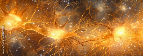 Abstract representation of neurons in a warm, sun-kissed golden hue, in wide aspect ratio