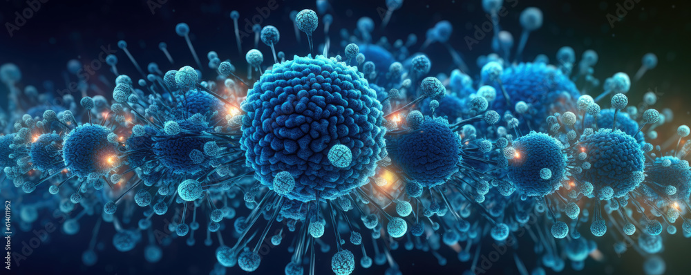Panorama of stylized virus particles in a cool, cyan and deep blue gradient Panorama of stylized virus particles in a cool, cyan and deep blue gradient