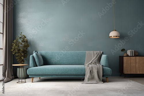Wall mockup image including a tosca sofa's side and a pillow, a wooden cabinet, and a traditional light. Generative AI