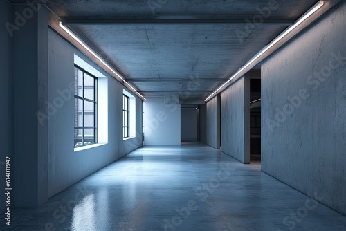 With a concrete floor, loft windows, and a line of ceiling lights, a blue empty office corridor is presented. Business, financial, and interior design concepts. a mockup. Generative AI © Lasvu
