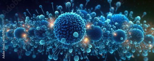 Panorama of stylized virus particles in a cool, cyan and deep blue gradient © aicandy