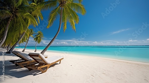 Palm trees with sun loungers on the caribbean tropical beach saona island dominican republic vacation travel background Generative AI © MUCHIB