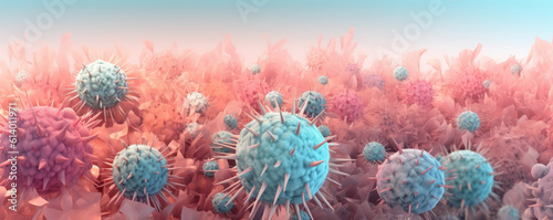 Panoramic perspective of a stylized virus particle in a soft, pastel blue and pink gradient