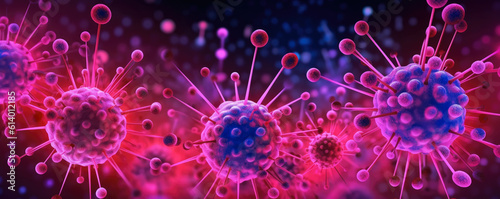 Panoramic view of stylized virus particles in a minimalist design against a bright, neon pink background