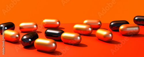 Panoramic image of stylized pharmaceutical capsules rendered in a simplistic style against a bold, bright orange backdrop