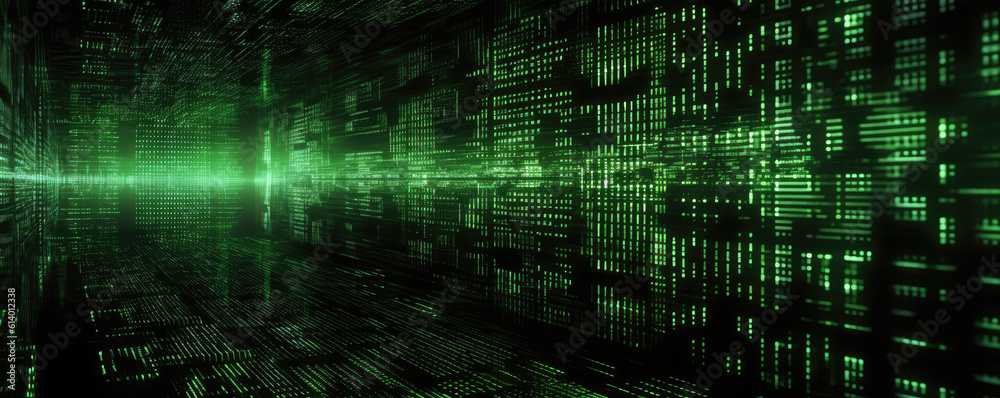 Panoramic view of a digital matrix falling code in a monochromatic green tone