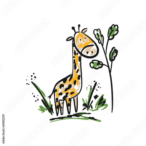Cute sketch hand drawn vector orange giraffe with black dots illustration. Bright cartoon childish funny tall animal for kids print design, textile decoration, greeting cards, print, stickers, logo