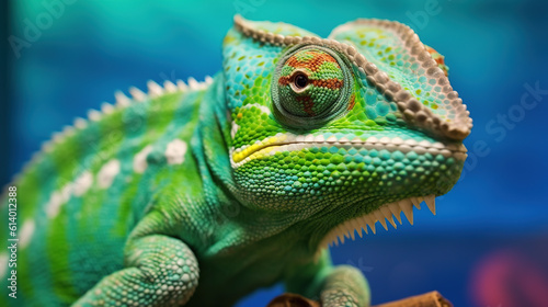 Green colored chameleon close up © Boraryn