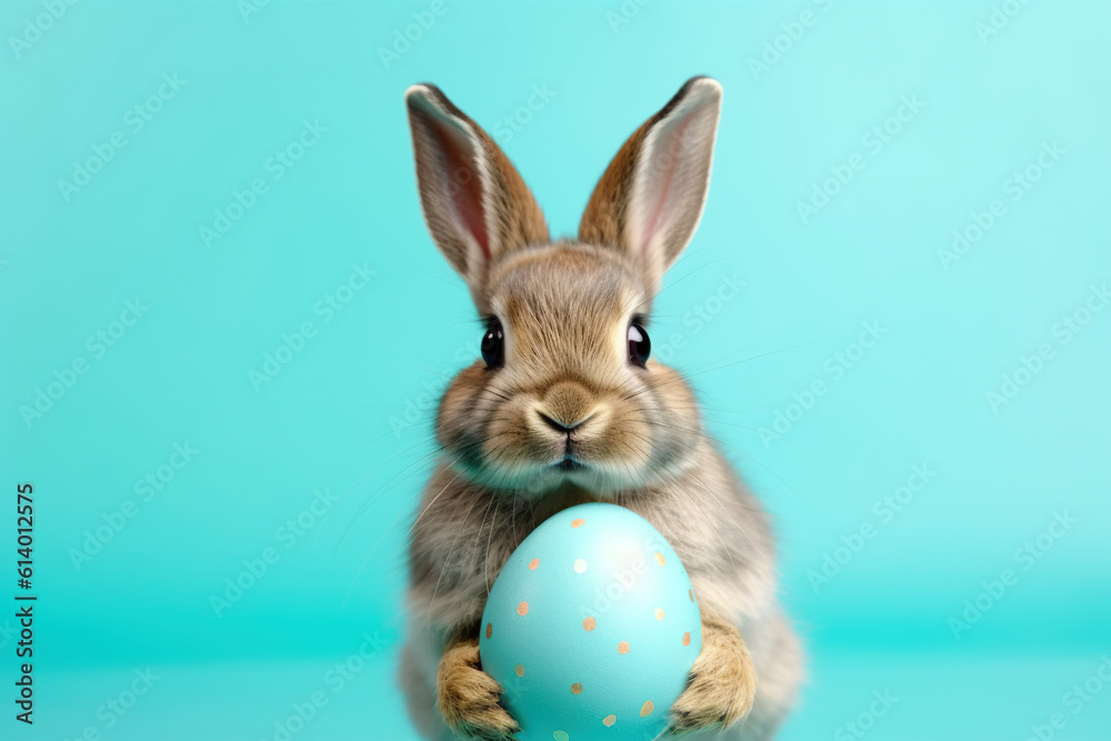 studio photo of bunny holding easter egg on pastel turquoise background