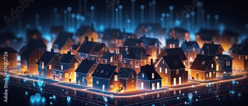 Digital community, smart homes and digital community. DX, Iot, digital network in society concept. suburban houses at night with data transactions © Adriana