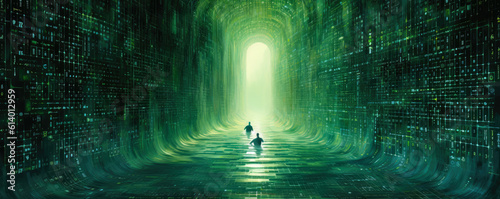 Wide, panoramic depiction of a binary code waterfall in striking emerald green hues
