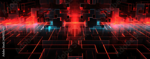 Panoramic image of a minimalist technology pattern, rendered in bold, neon red tones against a pitch black backdrop