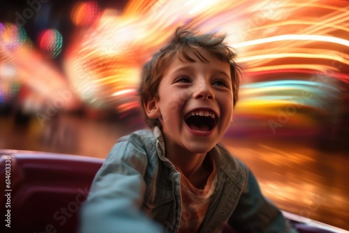 A close - up shot of a young boy, laughing and enjoying the adrenaline rush of a bumper car collision. Generative AI