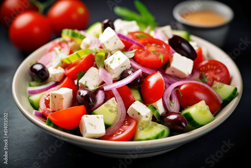 Greek salad vibrant colors bright summer photo hyper realistic high definition sharp. AI generative © SANGHYUN