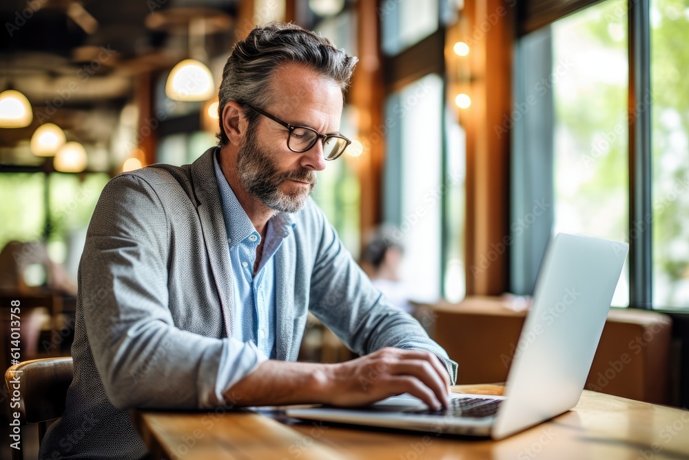 A close - up shot of a businessman using a laptop at a coffee shop. Generative AI A close - up shot of a businessman using a laptop at a coffee shop. Generative AI