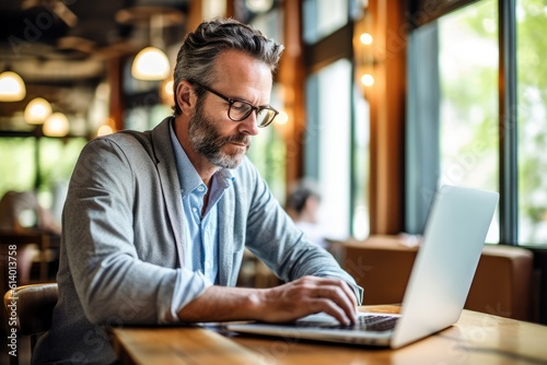 A close - up shot of a businessman using a laptop at a coffee shop. Generative AI