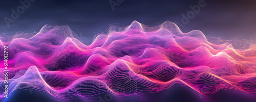 Panoramic depiction of a digital wave pattern represented in vibrant, neon raspberry tones