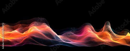 Panoramic depiction of a stylized digital wave, represented in radiant, neon apricot hues against a dark backdrop