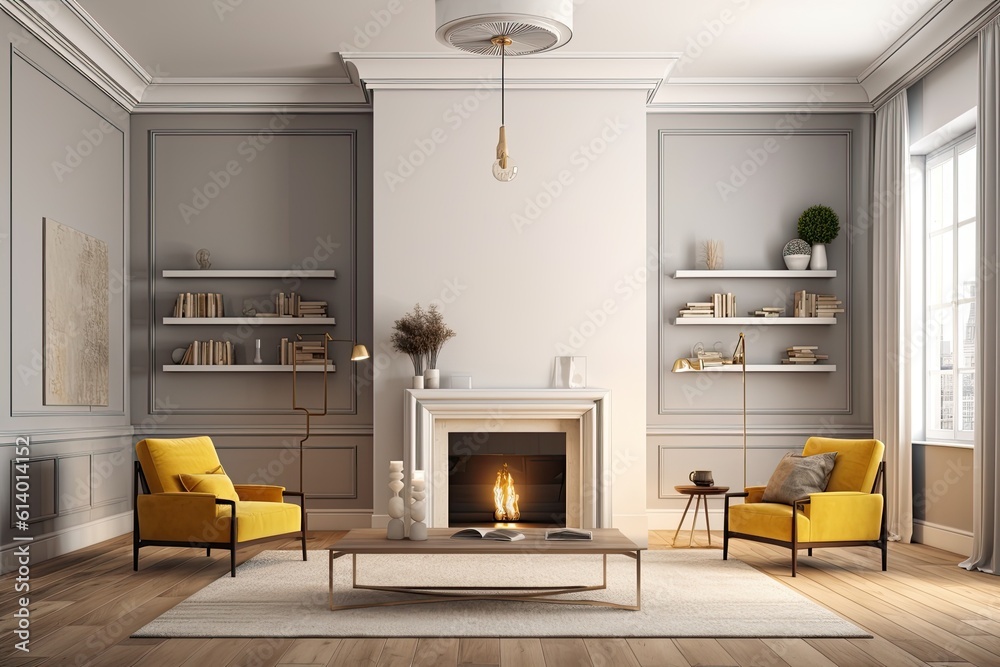 View from the side of a light living room interior with a sofa and two armchairs and a hardwood floor. fireplace and decorative shelf Model of a blank wall. Generative AI View from the side of a light living room interior with a sofa and two armchairs and a hardwood floor. fireplace and decorative shelf Model of a blank wall. Generative AI