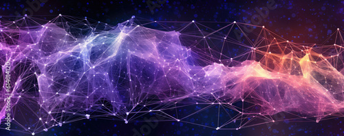 Abstract panorama of a stylized digital network, presented as interconnected nodes in radiant, neon heliotrope against a deep backdrop photo