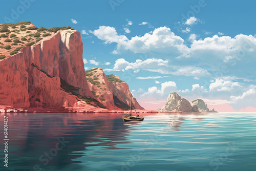 Illustration about beautiful mediterranean landscape viewed from a boat sailing in southern of italy. AI generative