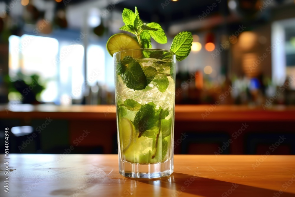 mojito cocktail with lime and mint in a glass glass on a table in a cafe. AI generated mojito cocktail with lime and mint in a glass glass on a table in a cafe. AI generated