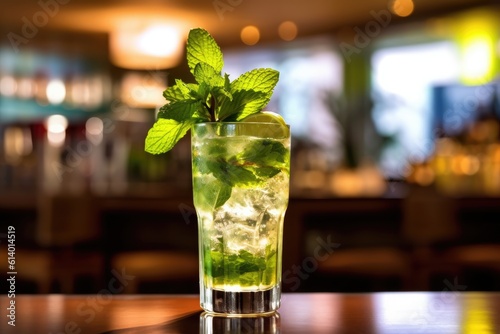 mojito cocktail with lime and mint in a glass glass on a table in a cafe. AI generated