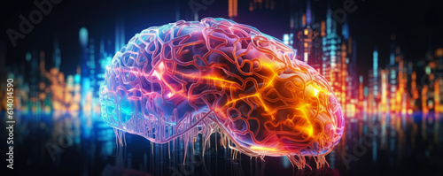 Abstract panoramic display of a stylized artificial intelligence brain in radiant  neon topaz tones