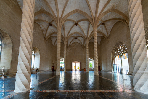 The gothic interior of the medieval Guild hall or market hall La Llotja on the Mediterranean island of Mallorca, in the city of Palma de Mallorca, Spain.	 photo