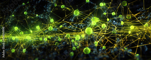 Wide  panoramic visualization of interconnected network nodes against a vibrant  neon lime backdrop