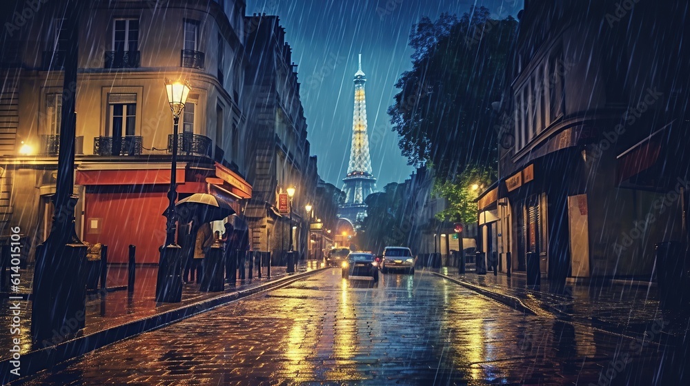 Rainy night in Paris block print style Generative AI