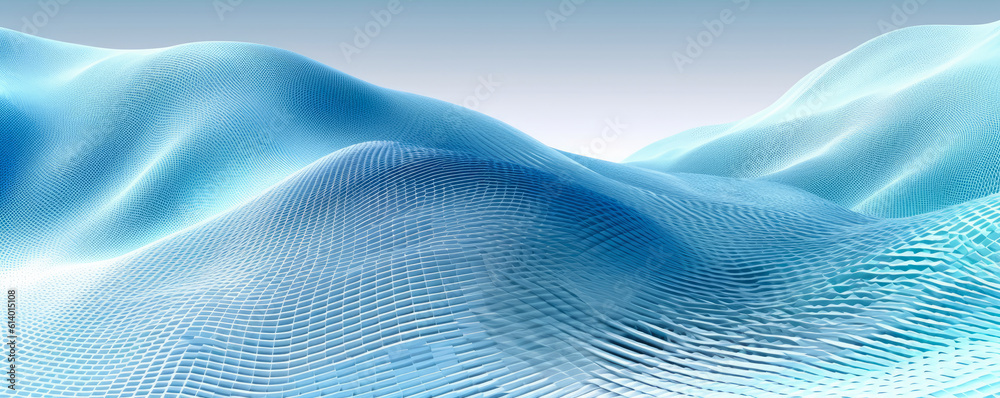 Panoramic view of a digital wave pattern represented in soothing, pastel azure hues Panoramic view of a digital wave pattern represented in soothing, pastel azure hues