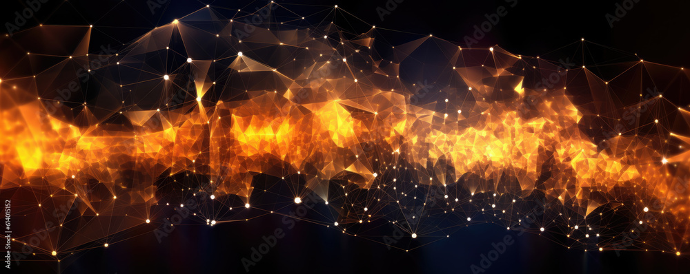 Abstract panorama of a stylized digital network, presented as interconnected nodes in radiant, neon amber against a dark backdrop Abstract panorama of a stylized digital network, presented as interconnected nodes in radiant, neon amber against a dark backdrop