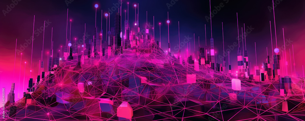 Wide, panoramic visualization of interconnected network nodes against a vibrant, neon magenta backdrop