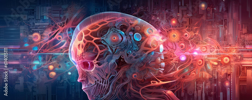 Abstract panoramic depiction of a stylized artificial intelligence brain in radiant, neon rose tones