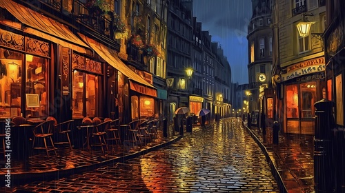 Rainy night in Paris block print style Generative AI