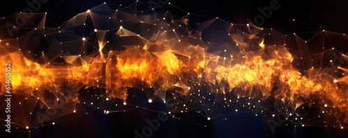 Abstract panorama of a stylized digital network, presented as interconnected nodes in radiant, neon amber against a dark backdrop
