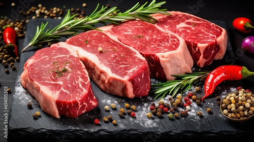 Raw steaks in row with spices alternative raw meat with ingredients for cooking elevated view of raw meat steaks and Generative AI