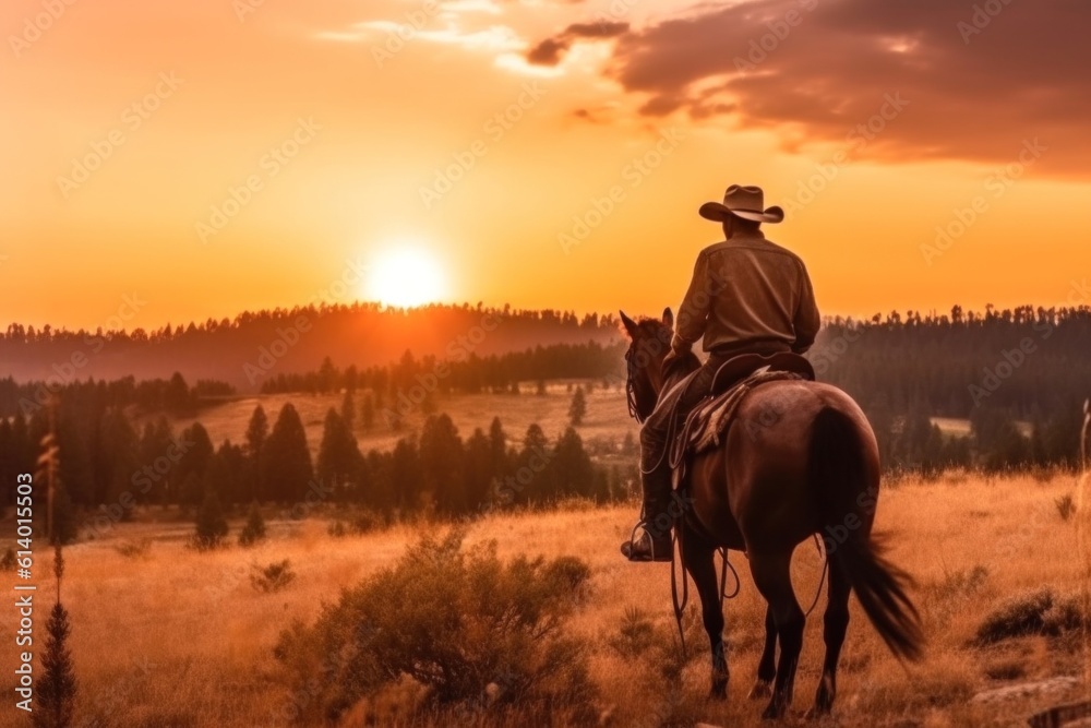 cowboy silhouette at sunset.wild west landscape. Generative AI 
